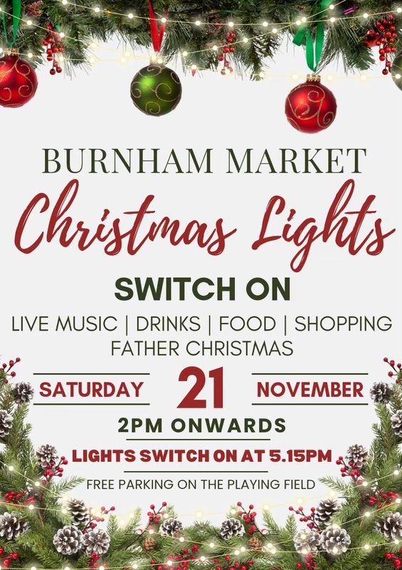 Poster for the Burnham Market Christmas Lights Switch On, Saturday 21 November, 2pm onwards, lights switch on at 5.15pm